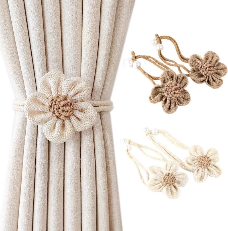 SRG 4pcs Handmade Pearl Curtain Tiebacks Boho Flower Curtain Holdbacks with Buckle Pins Simple Elegant Sunflower Rope Curtain Boho Bedroom Decor（Large Cream&Khaki） - Image 1